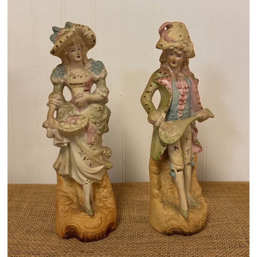 Vintage Victorian Figurines Man & Woman Playing Instruments Hand-Painted Bisqu